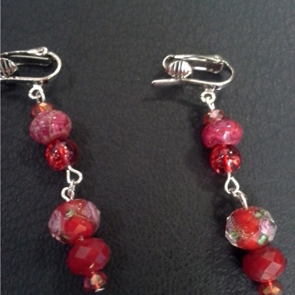 Red and Silver Dangle Earrings with Natural Beads
